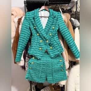 Chic Teal Textured Blazer and Shorts Set